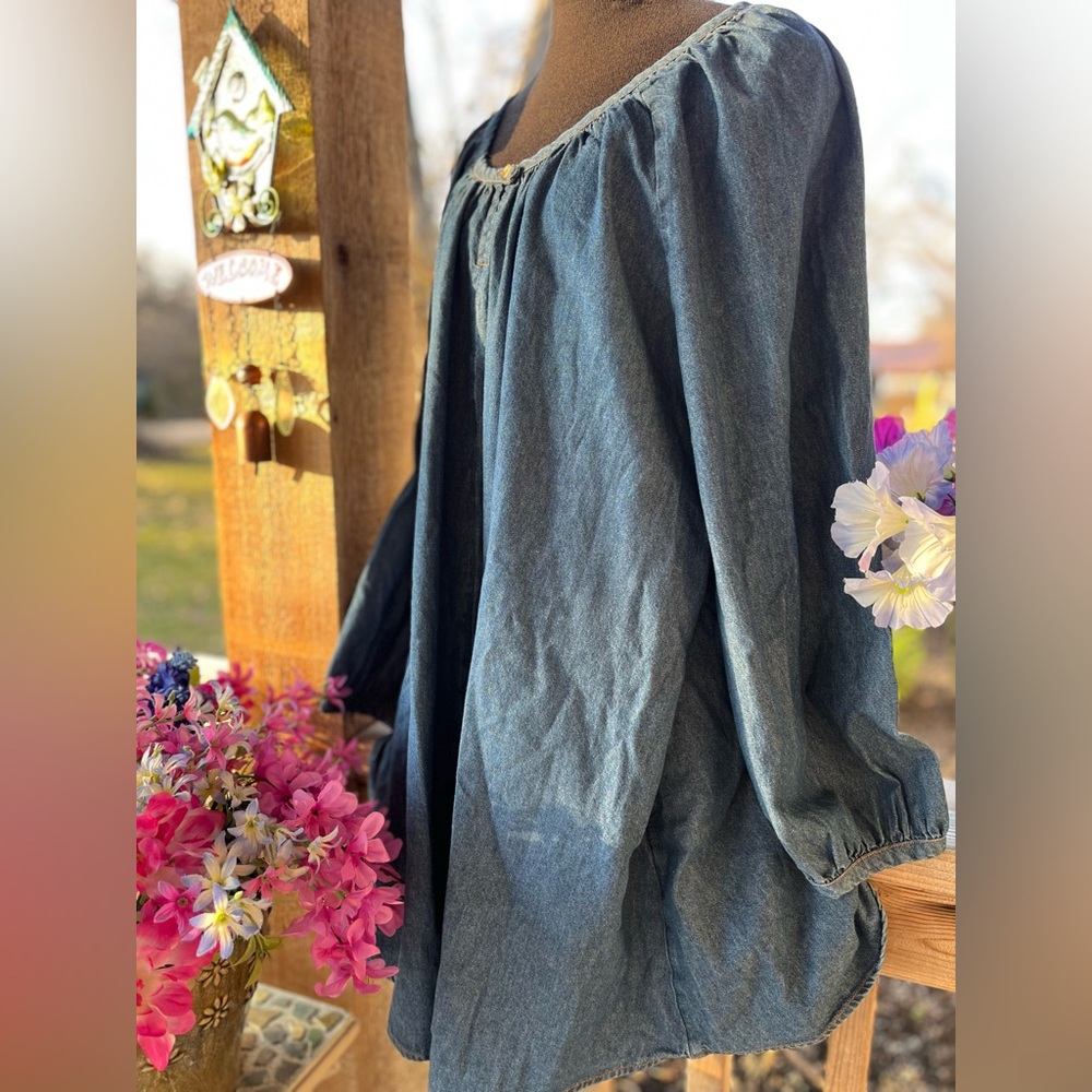 Melrose & Market Peasant Blue Cotton Denim Pullover Dress Puff Sleeves & Pockets - Picture 4 of 7